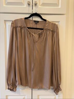 Current Air Taupe Striped Tie-Neck Peasant Blouse